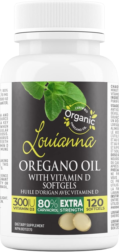 Louianna - Organsko Wild Oregano olje z vitaminom D, Tekoči softgel kapsule z 80 Odstotek Carvacrol, podpira vaše kosti, Imunsko in črevesno zdravje, zeliščni dodatki, 120 Softgels
