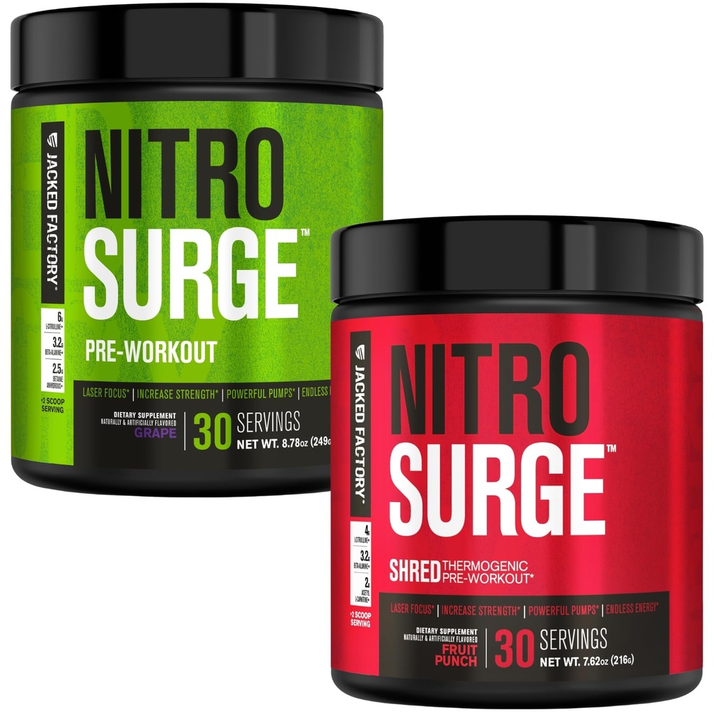 Jacked Factory Nitrosurge Predworkout v grozdju & sadni Punch Nitrosurge Shred Termogenic Pred-workout za moške in ženske