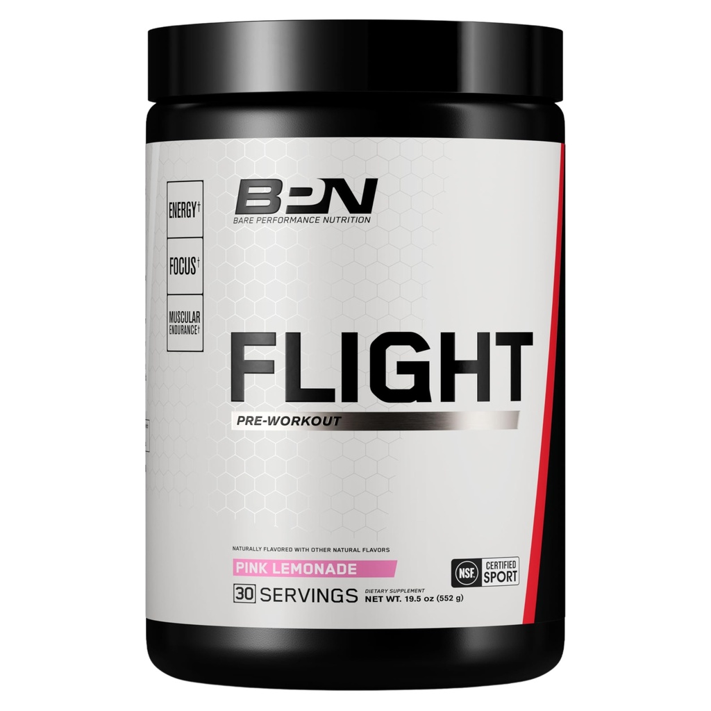BARE ZMOGLJIVOST HRANILNO BPN Flight Pre Workout, Podpira energijo in miselno fokus, izboljšano vzdržljivost in mišične črpalke s CarnoSyn® Beta Alanine, Roza limonada, 30 Strežnice