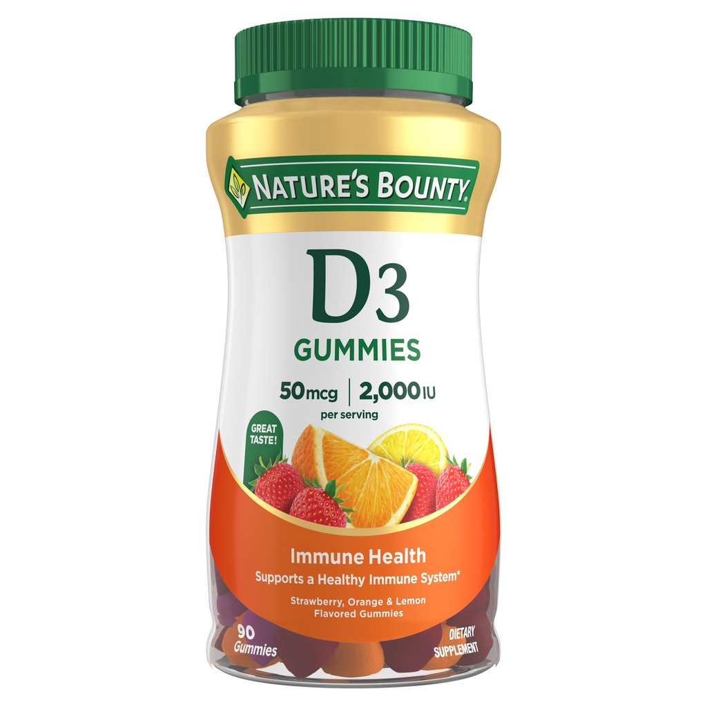Naravni Bounty Vitamin D3 Gummies, Vitamin dodatek, Podpira Imunsko zdravje, 50mcg, 2000IU, Mešane sadne arome, 90 Gummies