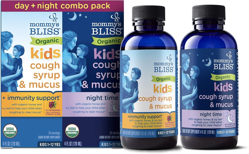 Mamina Bliss Organic Cough Syrup & Mucus za otroke, dan in noč Combo paket z vitaminom C in imuniteto podporo, Vsebuje organski med in Ivy Leaf, 4 Fl Oz (Pack z 2)