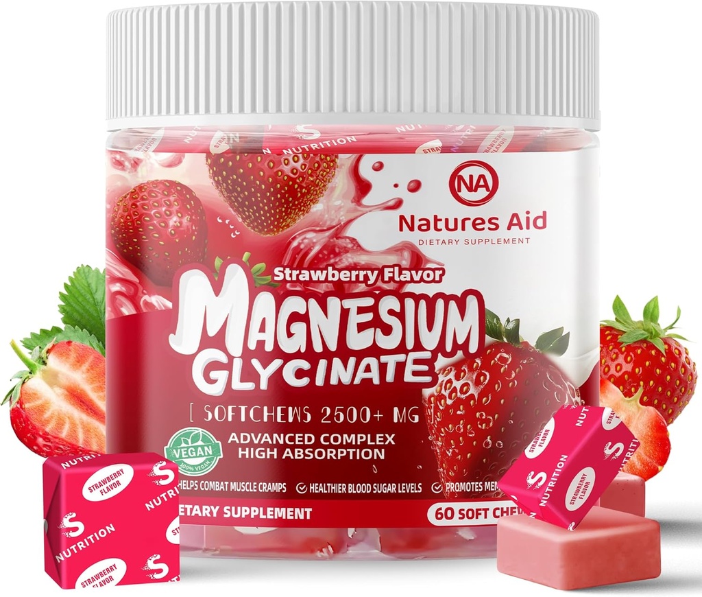 Magnezij Glycinate Soft Chews, Jagodna aroma. Žvečljivi sladkor brez kalij Magnezijev žvečenje z magnezijevim glicinatom, vitamin D, B6 in CoQ10 za mirno podporo in spanje za odrasle, 60 dni dobave