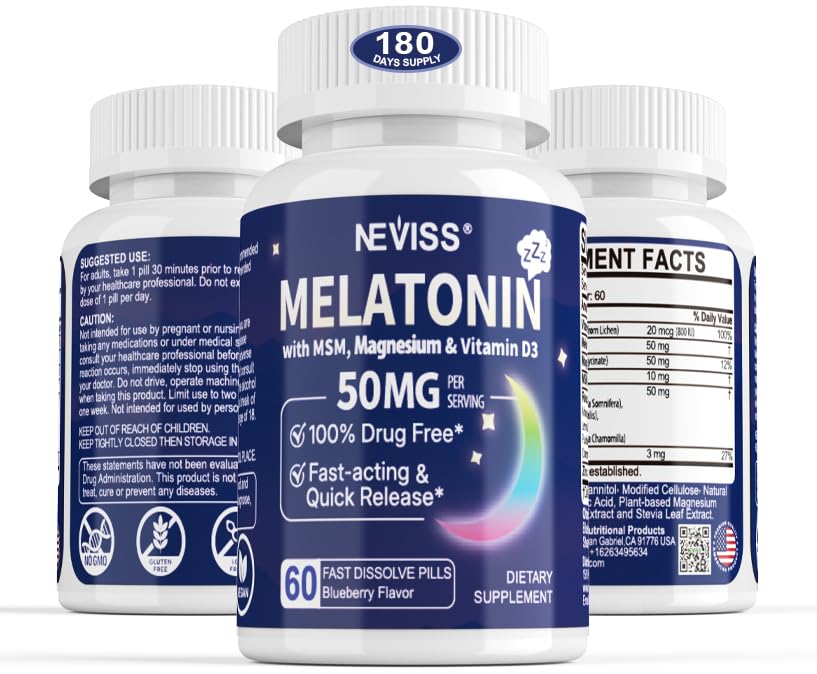 Melatonin 50 mg za odrasle - dodatna moč 9-v-1 hitro raztapljanje podjezično - w/vitamin D3 & MSM, sprostitev zeliščne mešanice-Ashwagandha, limonin balzam, pasijonka, kamilica, sugar brezplačno, Vegan 180 Servingations