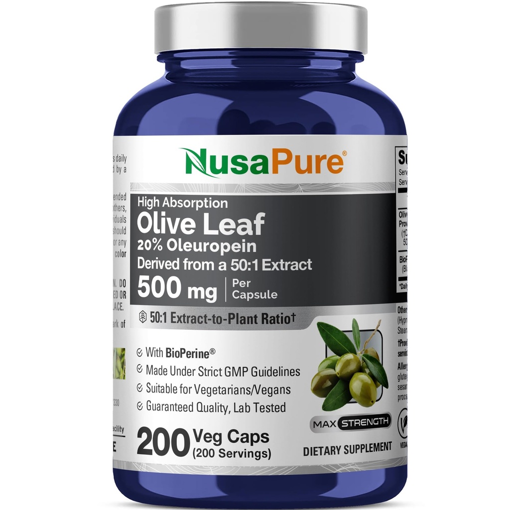 NusaPure Olive Leaf 20% Oleuropein 50:1 ekstrakt, 500 mg ekvivalentno 25.000 mg 200 Veg Caps Primerno za vegetarijance in Vegane, Non-GMO