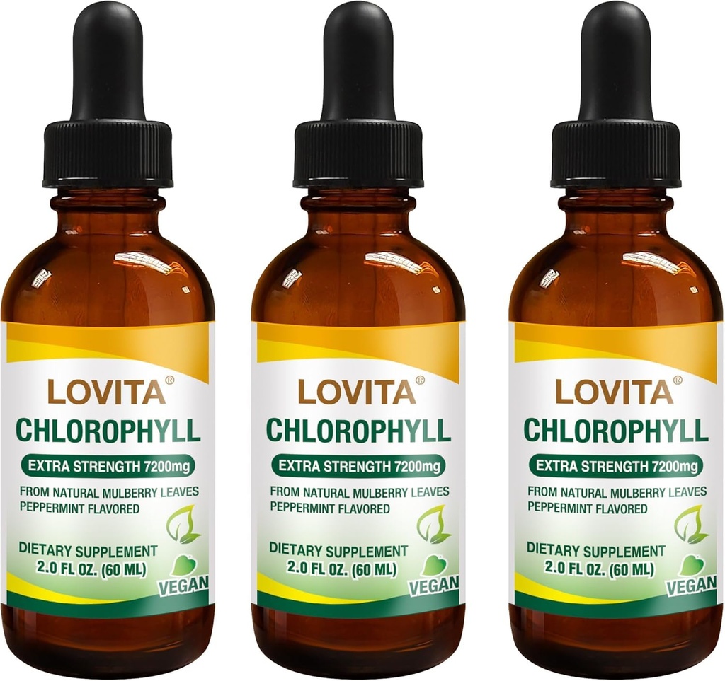 Lovita Klorofil Tekoče kapljice, visoka jakost 120 mg/ml, 7.200 mg na steklenico, naravni energijski spodbujevalec in imunske podpore, notranji deodorant, zdravje kože, Vegan in ne-GMO, okus mete, 180 Serving