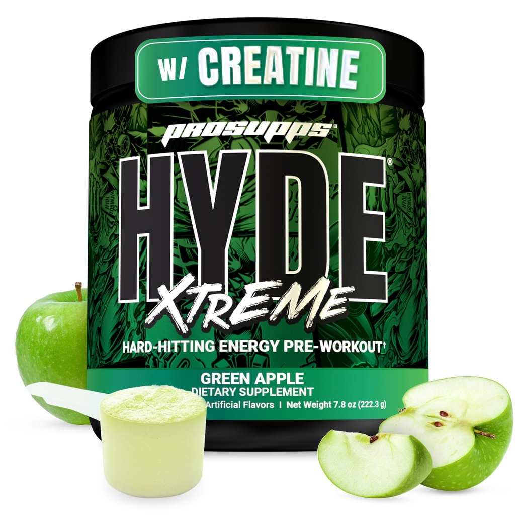 PROSUPPS Hyde Xtreme Pre Workout Powder s kreatinom, Beta Alanine & Caffeine - Extreme Energy, Pumps, Focus & Performance - Fitness & Gym Supplements za moške in ženske (zeleno jabolko, 30 strežb)