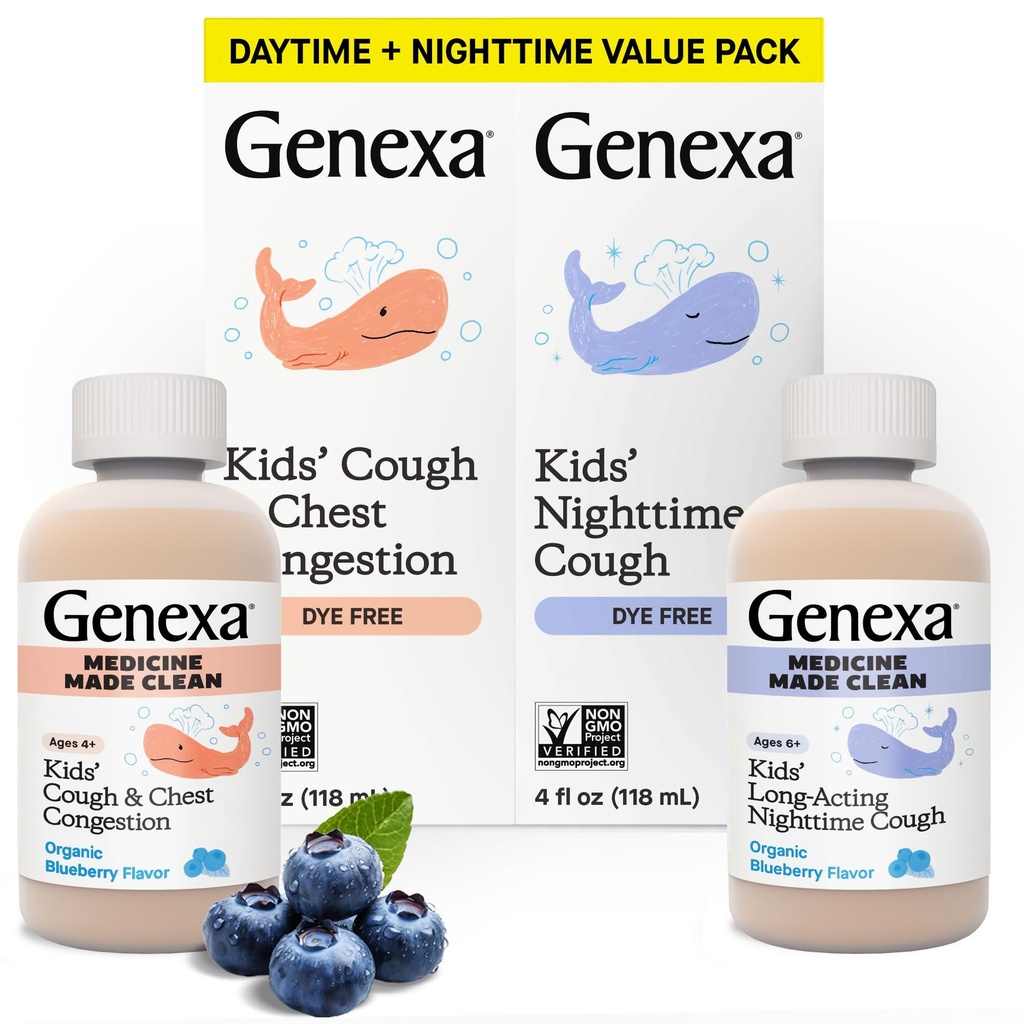 Genexa Otroški čisti dan & noč kašelj Medicina, Barvilo brezplačno, 0% Umetni dodatki, Otroški kašelj, Chest Congestion, Runny Nose & Sneesing Relief, Age 6+, Organic Blueberry Flavor, 8 fl oz (2 paket)