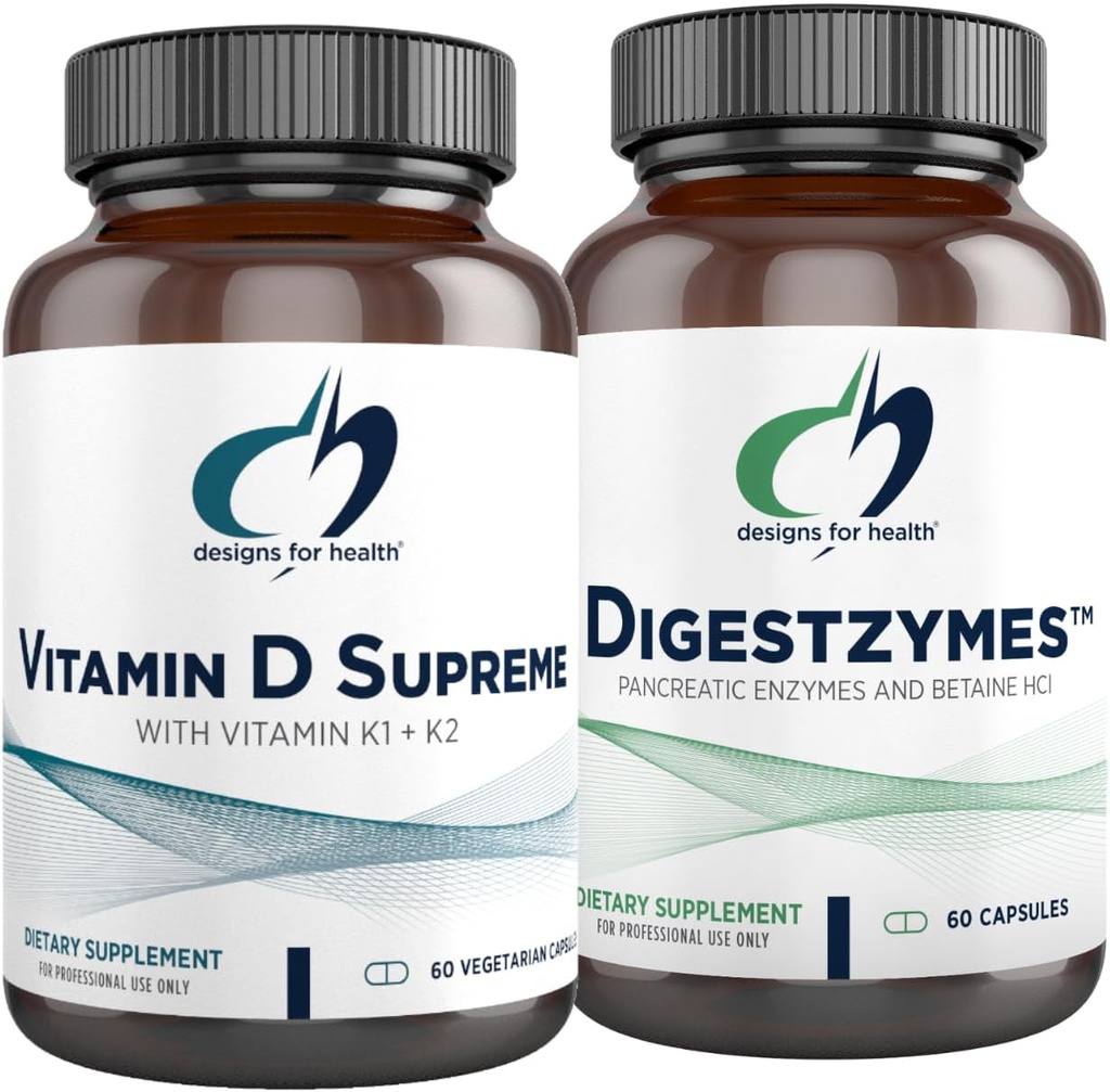 Designs for Health Vitamin D Supreme + Digestzymes Prebavne Enzymes Bundle - Vitamin D3 5000 i.e. z 2000mcg Vitamin + Podpora za prebavo Encimi z Betaine HCl - 2 Izdelki