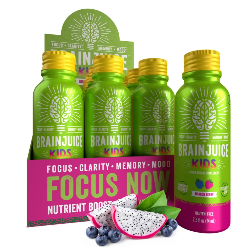 BrainJuice Otroci Brain & Immune Shot, Gluten brezplačno Dopolnilo Shots za energijo, Fokus, Imuniteta z vitaminom D, C, B, Alpha GPC & Organic Ginger Root, Age 5+, Dragon Berry, 2,5 fl oz, 12 Pack