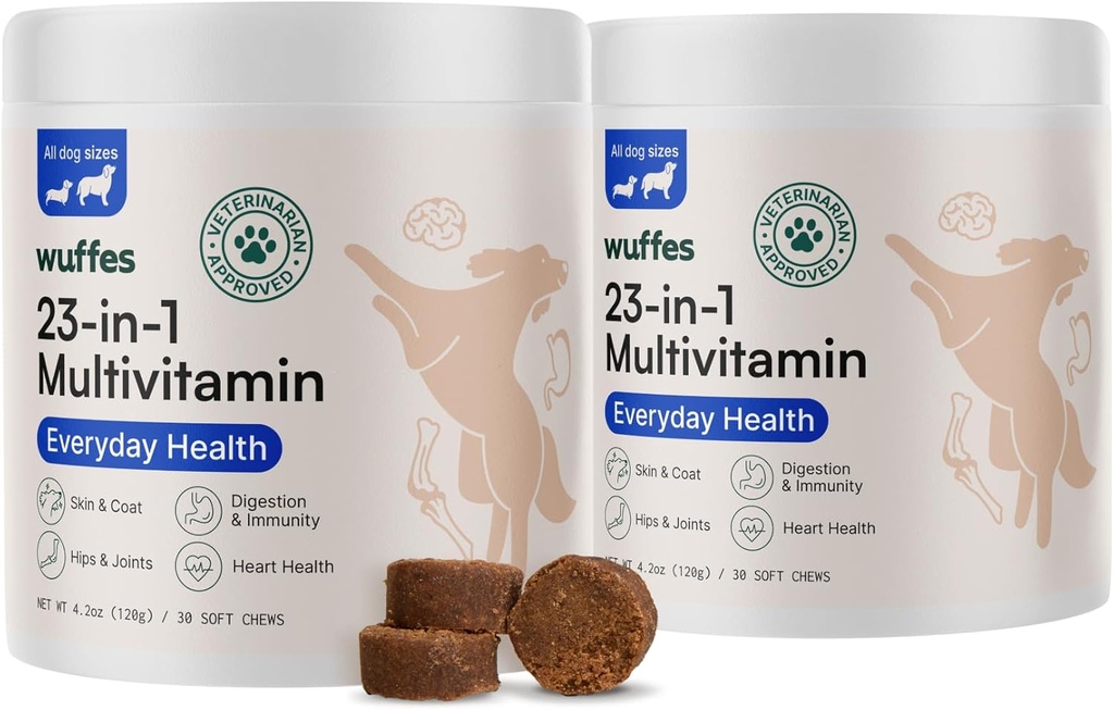 Wuffes 23-v-1 Žvečljivi pes multivitaminski in dopolnilni paket - Dog multivitaminski za majhne in velike pasme - 2 paket - 60 število
