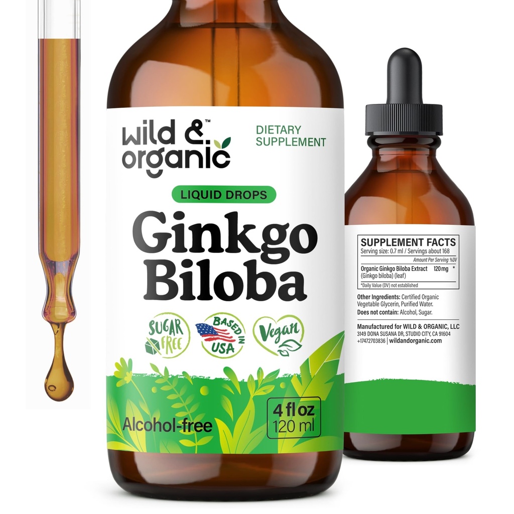 Wild & Organic Ginkgo Biloba Ekstrakt kapljice - Brain & Fokus Podpora - Tekoči Ginkgo Biloba Dodatki - Vegan, Sladkor & Alkohol brez zeliščnega Tinkture - 4 fl oz