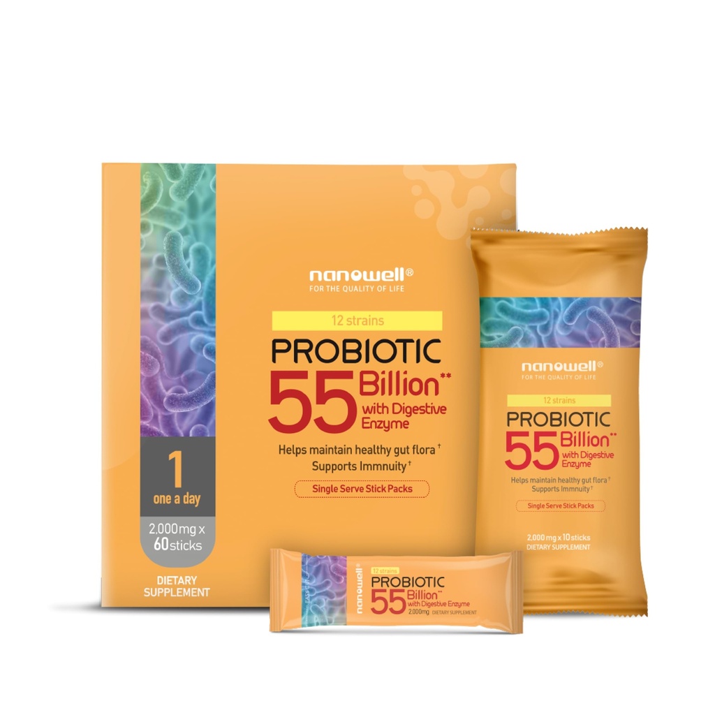 NANOWELL 12 sevi probiotik 55 milijard CFU z digestivnimi encimi v prahu - Imunska podpora, Gut Health, probiotiki, Prebiotiki in postbiotiki - 60 palice, 60 dan dobave