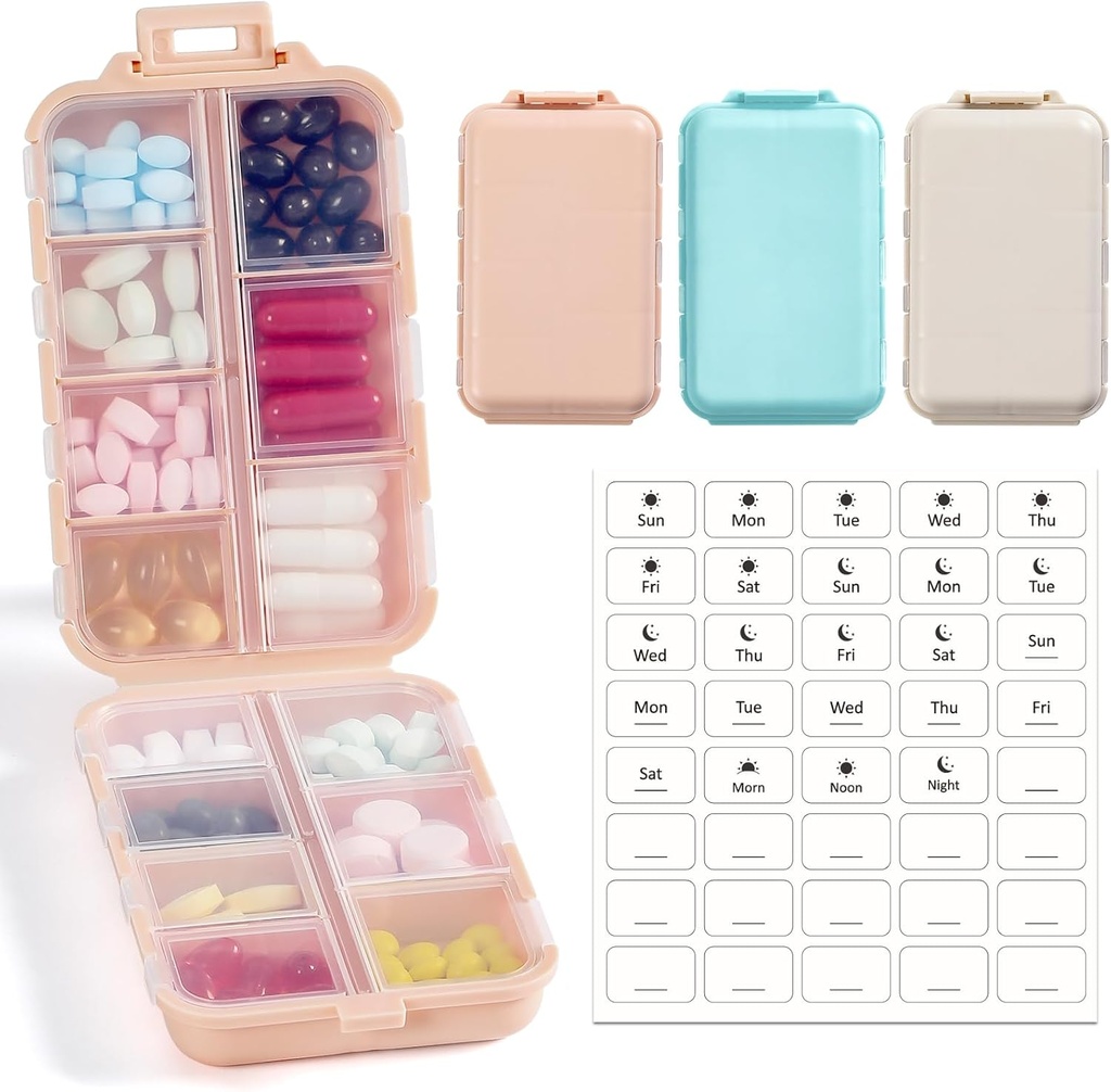 3 Pack, 14 GRIDS potovalne tablete Organizator škatle z nalepkami - Travel Medicine Case Kit - Pocket Daily Lekarna Container - Travel Medicinal Holder Dispenser za ribje olje Vitamin dopolnilno shranjevanje