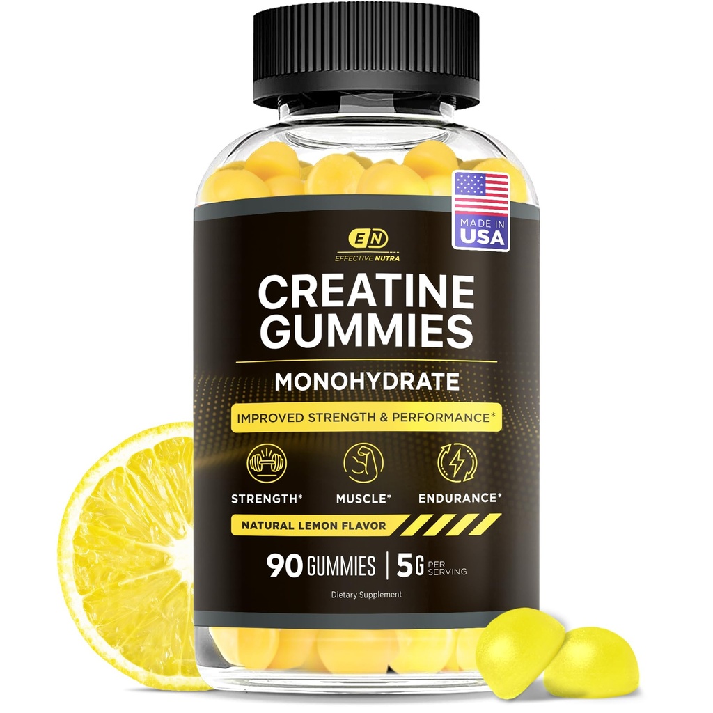 Učinkovite Nutra Kreatin Monohidrat Gumiji - 1g Kreatin na Gummy - Veganske mišice in moč dodatek za moške in ženske - Podpira mišično rast, energijo, vzdržljivost - Lemon Flavor, Made in USA (90ct)