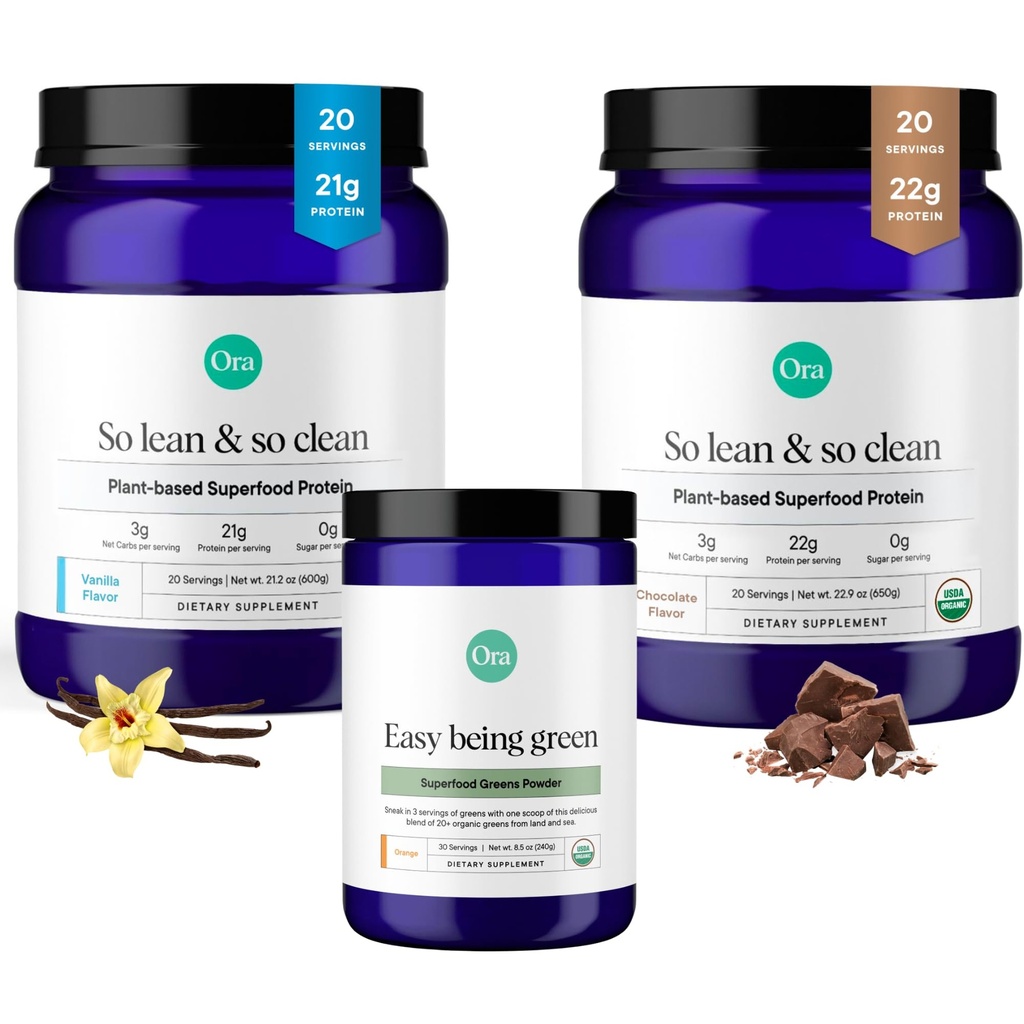 Ora Organic Vegan Protein Powder Chocolate, Vanila & Greens Powder Bunded: 22g Rastlina na osnovi čokolade, 20 Serving + 21g Rastlina na osnovi čokolade, Vanilla, 20 Serving + Organic Super Green Drink, 30 Servings