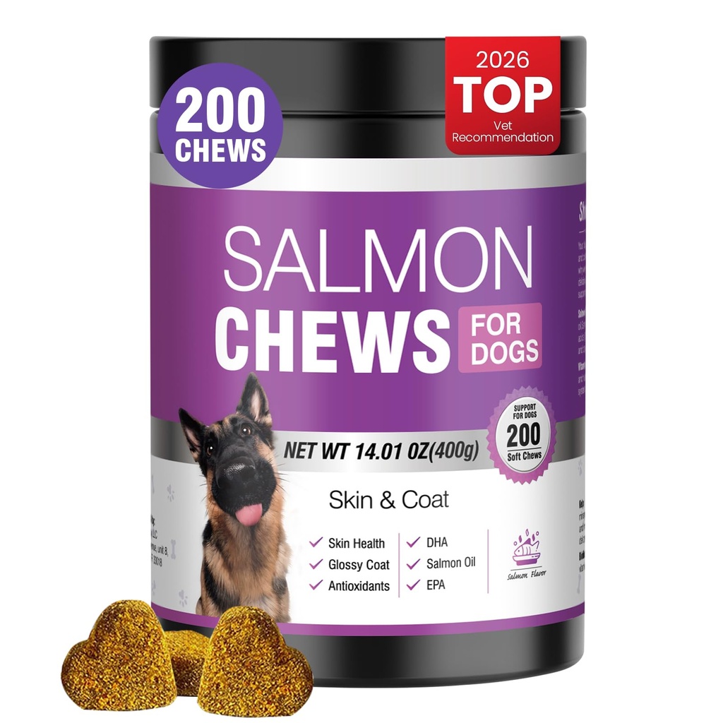 Omega 3 Skin and Coat Supplement for Dogs 200 Chews Dog Fish Oil Supplements with EPA & DHA Fatty Acids Dry Skin Relief for Dogs Shedding Allergy Itching Promotes Heart Hip Joint Health Salmon Flavor