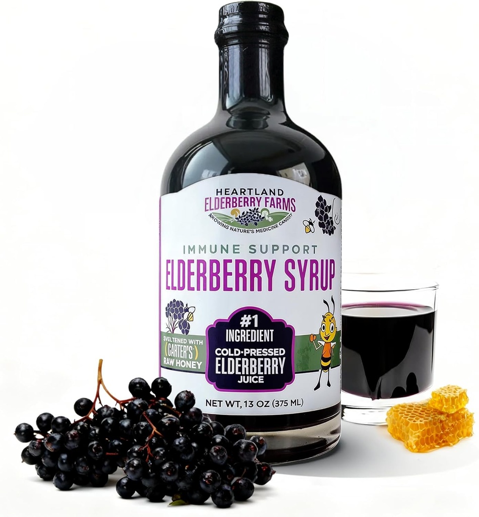 Heartland Organic Elderberry Syrup - Cold Pressed Elderberry Juice, Zero Water Added - Immune Support for Kids & Adults - Made with Raw Honey, Ginger, Cinnamon & Star Anise - 13 fl oz (375 ml)