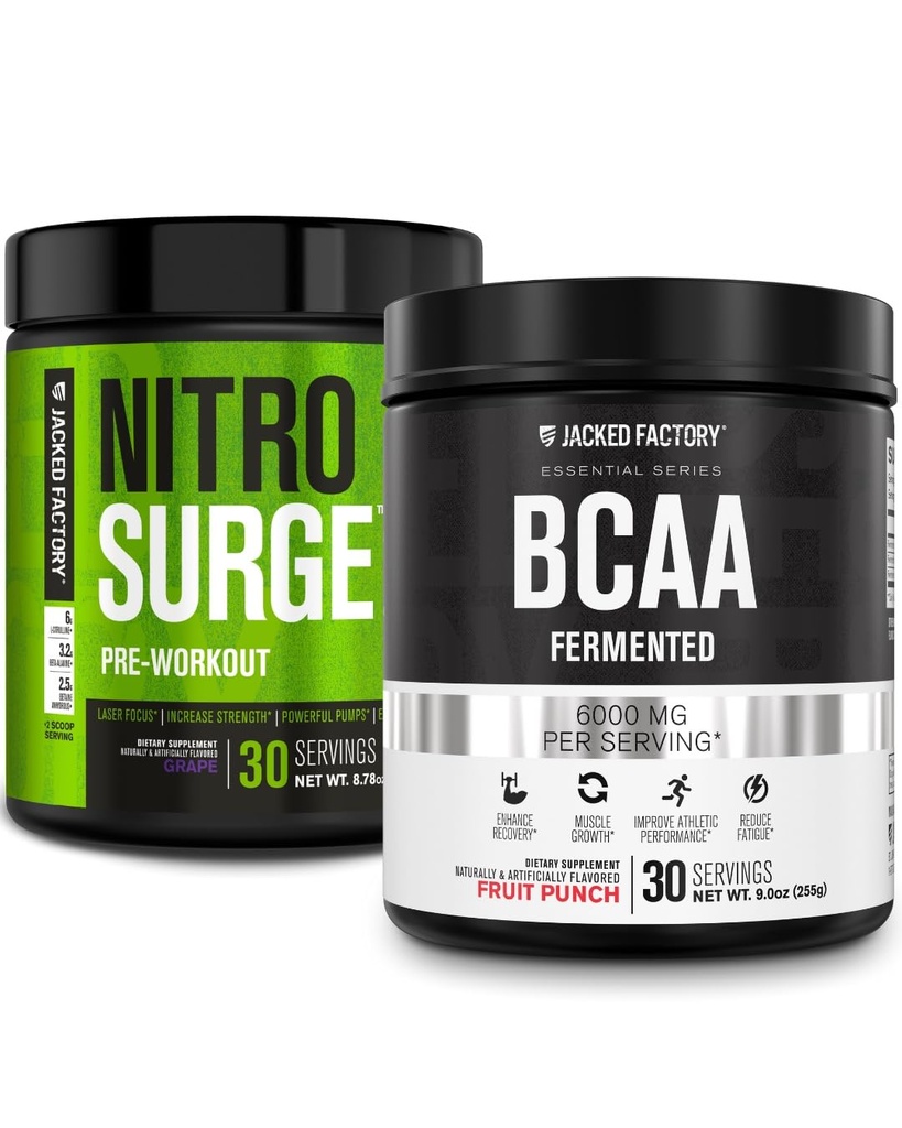Jacked Factory Nitrosurge Predworkout v grozdju & BCAA v sadni punch za izgradnjo mišic in okrevanje
