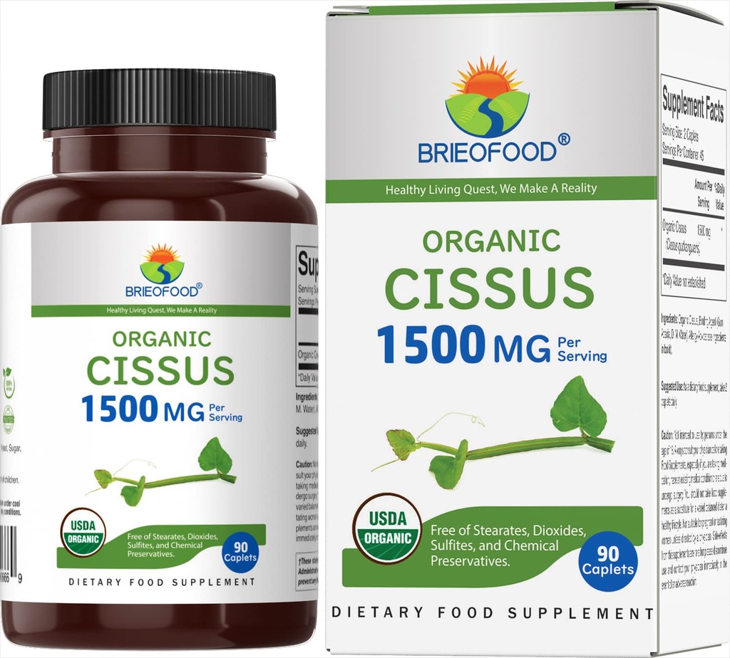 Brieofood Organic Cissus Quadrangularis 1500mg, 45 Služabniki, vegetarijanci, Gluten brez, 90 vegetarijanske tablete