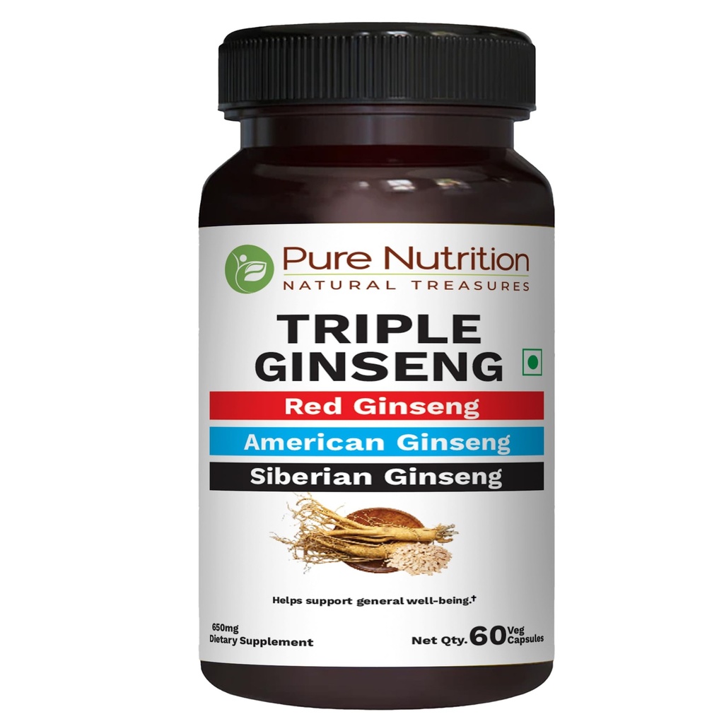Pure Nutrition Trojni ginseng - edinstvena in učinkovita kombinacija rdeče ginseng, ameriški ginseng in sibirski ginseng. 790 mg na kapsulo 