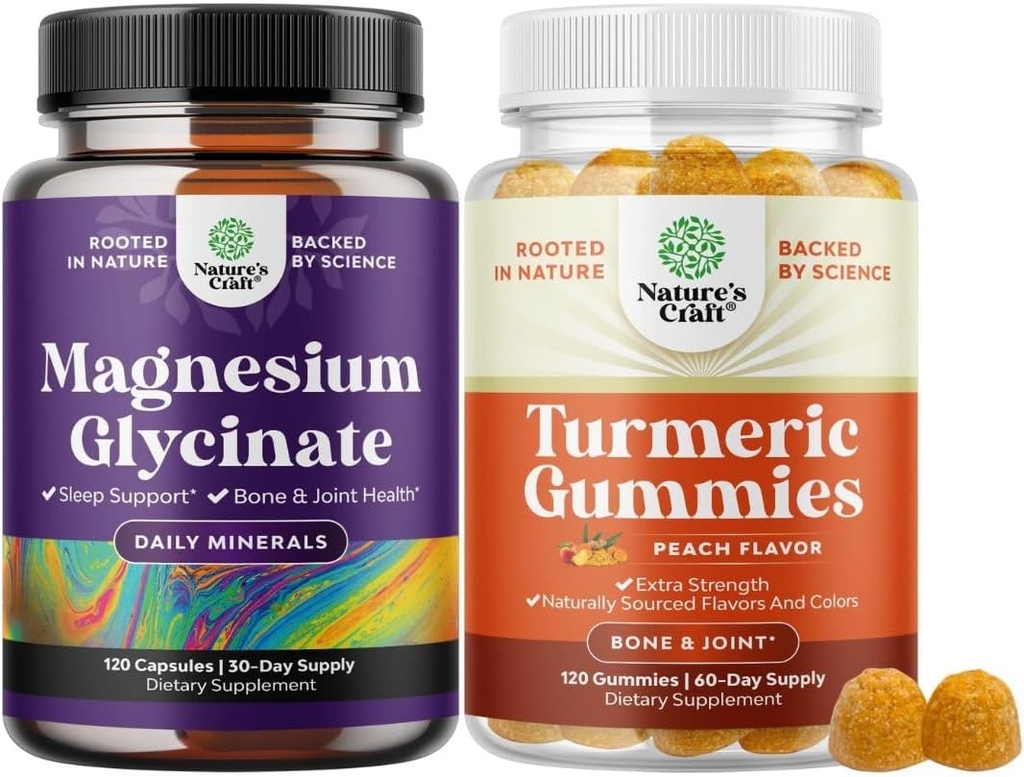 Sveženj čistega magnezija Glycinate 400mg na strežbo za Mood Sleep in Sprostitev in Turmeric Gumies za odrasle Peach Flavor - Dodatna moč skupna podpora