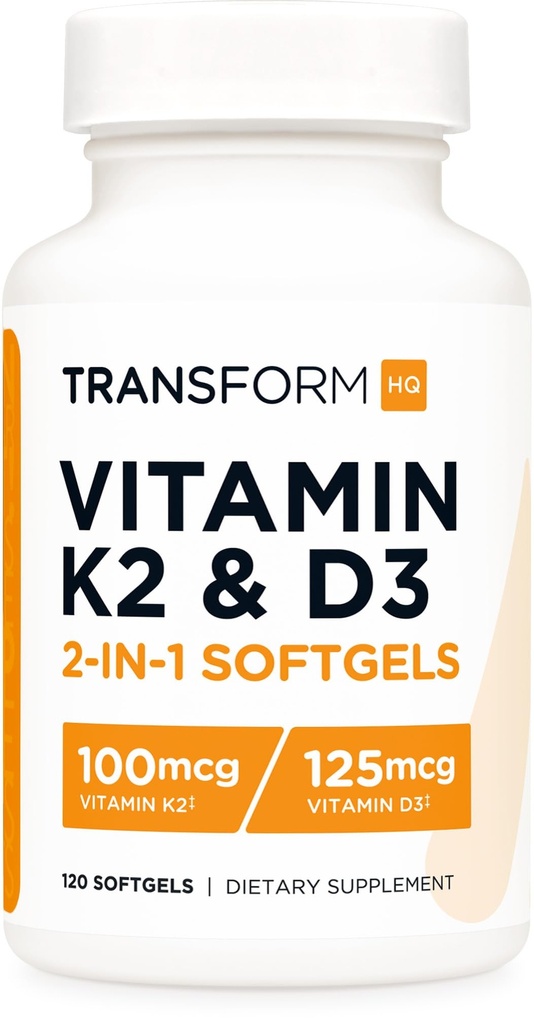 TransformHQ Vitamin K2 (MK7) (100mcg) + Vitamin D3 (5000 i.e.) 120 Softgels - Gluten Free in Non-GMO