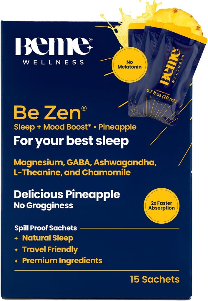 BeMe BeZen Dodatek za pomoč pri spanju Naravno brez melatonina - 2X Absorpcija kot tablete - Pomoč za spanje za odrasle z magnezijem, Ashwagandha, Kamilico, L-Theanine & GABA - Okusen Ananas