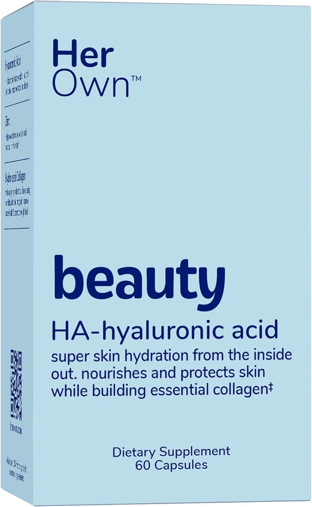 Njena lastna lepota Hyaluronska kislina Kapsule, Hidracija kože, Hranila in ščiti kožo, Essential kolagen, Hyaluronska kislina, Podpira lepo kožo, z cinkom, magnezij, Vitamin C, 60 Count