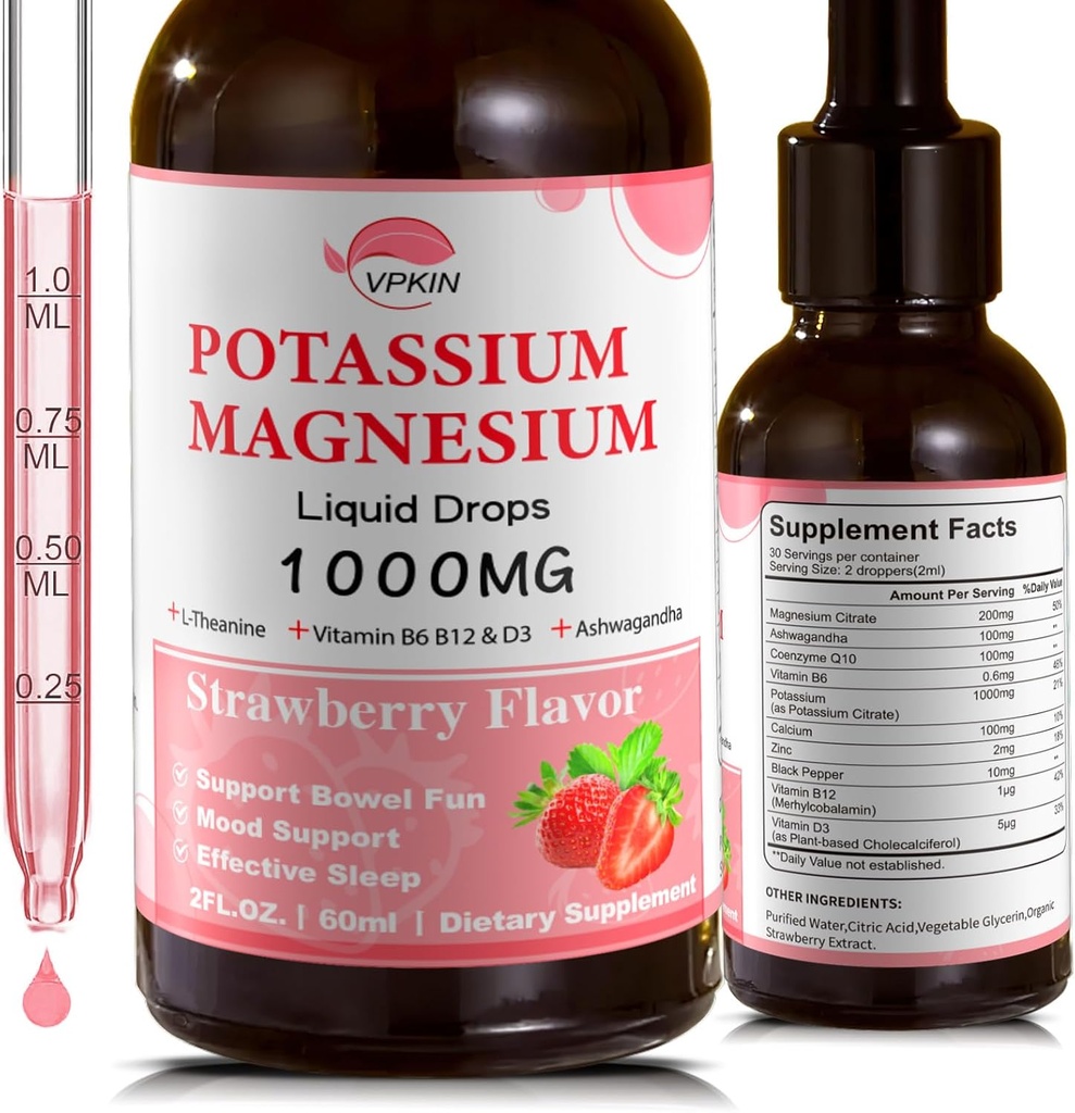 Kalijev magnezijev citrat dodatek, Magnezijeve tekoče kapljice z magnezijevim glicinatom 1000mg z Ashwagandha,Zinc,Support Clam & Podporni imunski sistem (Strawberry,2 FL.OZ.)