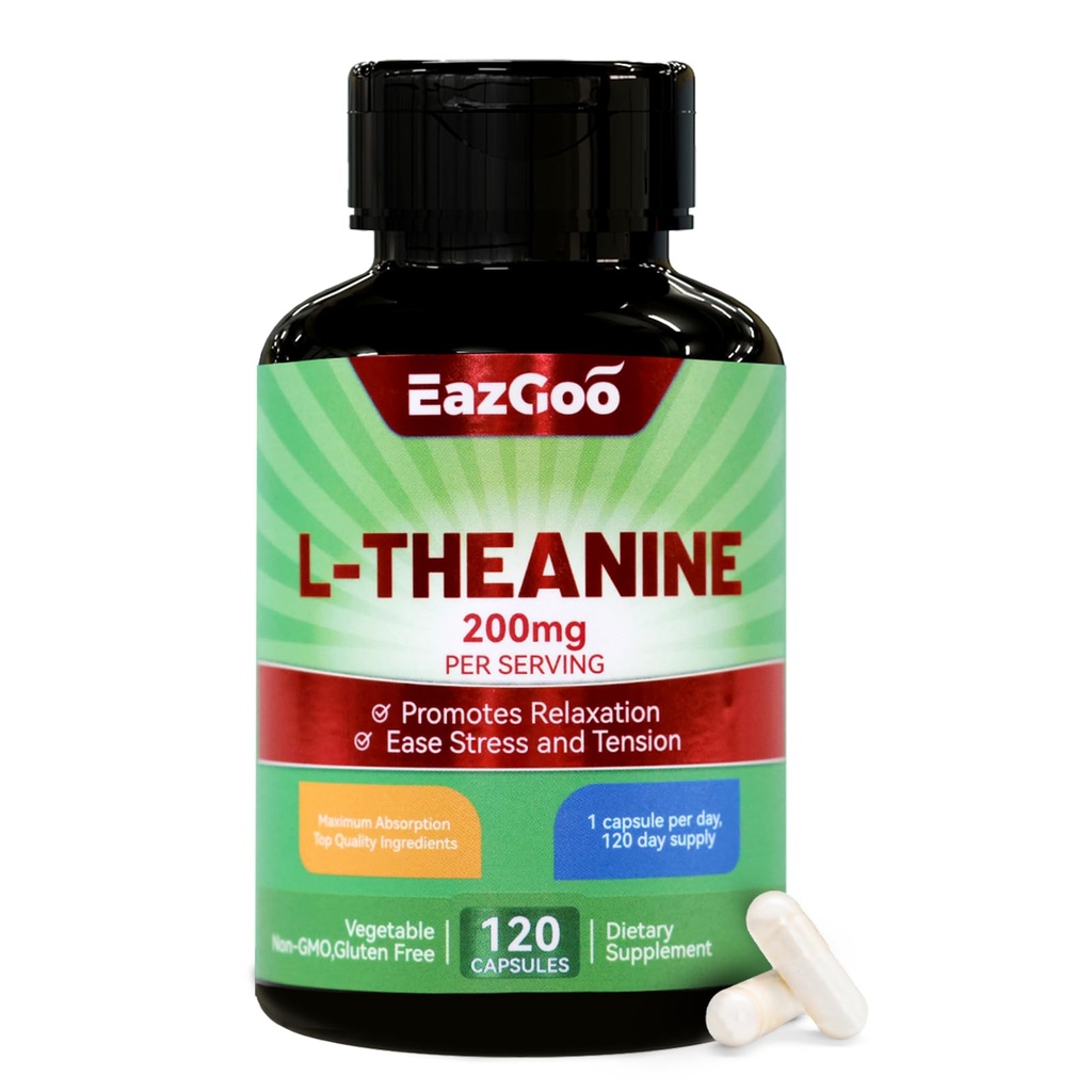 L-teanin 200 mg, Aminokislinska dopolnila za podporo sproščanju, stresu, kapsule L-teanina - brez glutena, 120 Veg kapsule