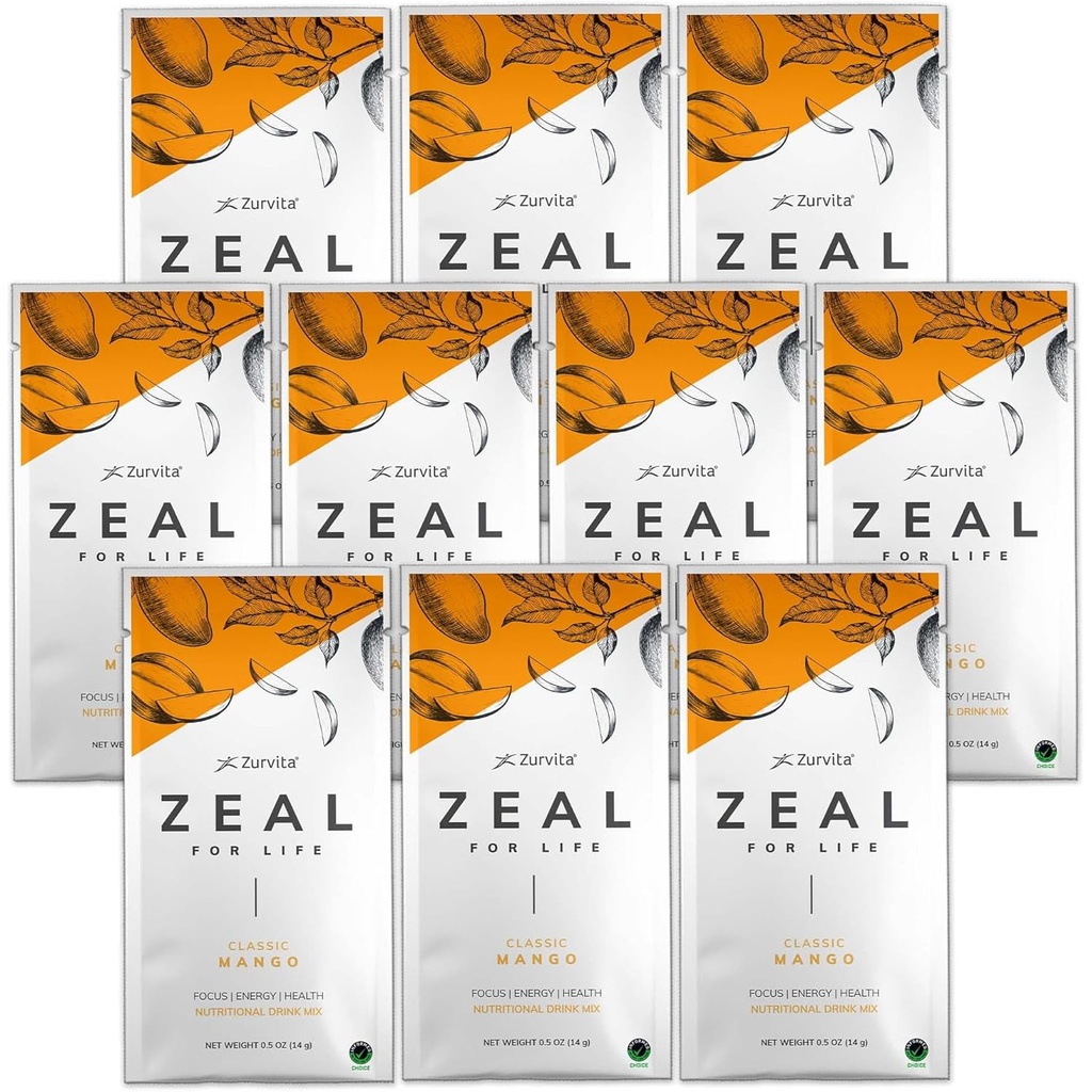 Zurvita - Zeal za življenje Wellness Drink Mix - Classic Mango Flavor - Gluten-free, Vegan, z biotin, vitamini in minerali za zdravje - 10 paketov