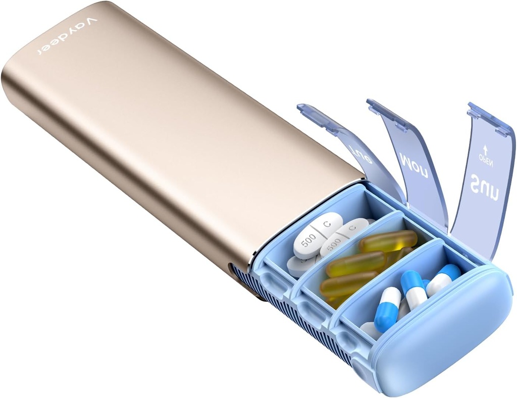 Vaydeer Metal Travel Organizer, 7 Day Weekly Pill Box, Velika zmogljivost dnevno srčkan tablete primer za dodatke, tablete, vitamini in zdravila (majhen, šampanjec)