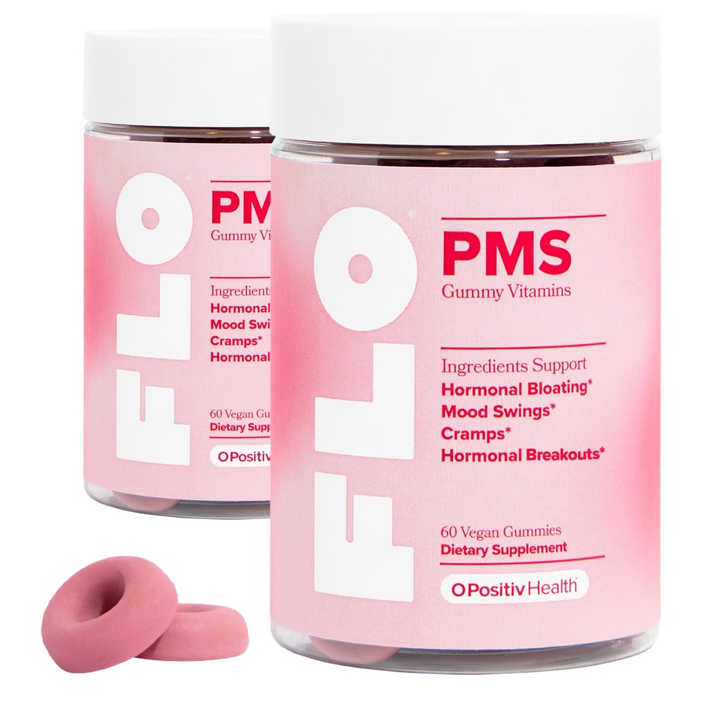 O Positiv FLO PMS Gumiji za ženske - Proaktivna PMS Relief - Tarče Hormonski zlomi, Hrup, Cramps, & Mood Swings s Chasteberry, Vitamin B6, & Lemon Balm - PMS Gummies (Pack of 2)