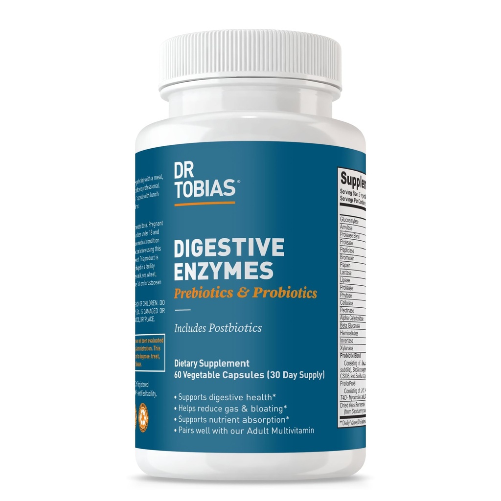 Dr. Tobias Digestive Encimi s probiotiki, prebiotiki in postbiotiki Bromelain, Amylase, Lipaza, za boljše prebavne in imunske funkcije, 60 Kapsule, 30 Serving (2 dnevno)