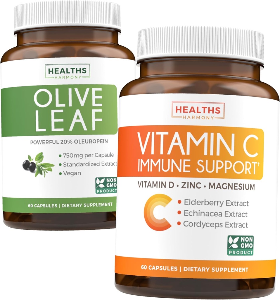 Save 4 (12% off) - Herbal Immune Bundele - Izvleček Olive Leaf (Non-GMO) Super Jakost: 20% Oleuropein 750mg kapice in imunske podpore - Vitamin C z cinkom, vitamin D, Elderberry & Echinacea (Non-GMO)