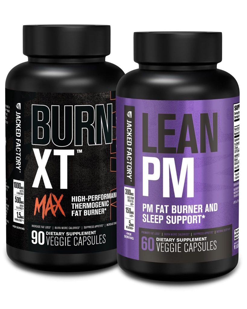 Jacked Factory 24/7 Fat Burner Stack - Burn XT MAX visoko zmogljivi Fat Burner (90 kapsul) - Lean PM Podpora za nočni spanec za hujšanje in preprečevanje apetita (60 kapsul)