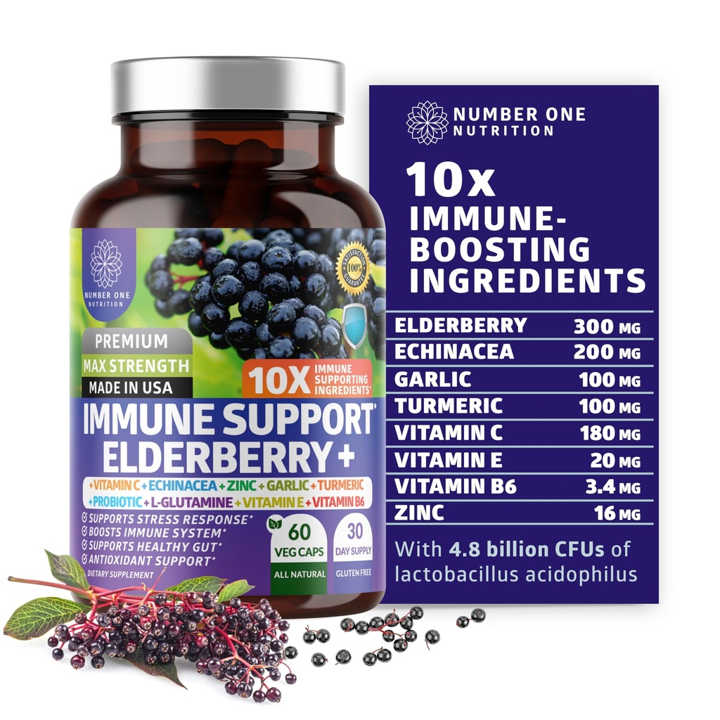 Premium 10 v 1 Imunska podpora Dopolnilo [10 Močne sestavine] z Bezgove jagode, Vitamin C, Echinacea, cink in probiotik za imuno podporo, Gut zdravje in boljše prebave, 60 Veg Caps