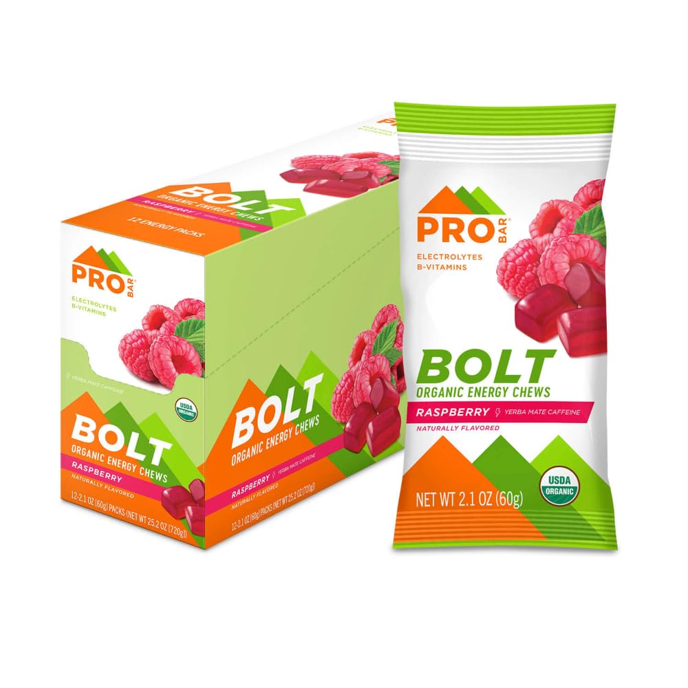 PROBAR - BOLT Organic Energy Chews, Raspberry, Non-GMO, Gluten-free, USDA Certified Organic, Zdrava, Naravna energija, Hitro gorivo Gumies z vitamini B & C (12 Count)