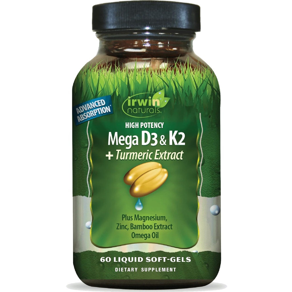 Irwin Naturals High Potency Mega D3 & K2 + Kurkurni ekstrakt – 60 tekočih mehkih gelov