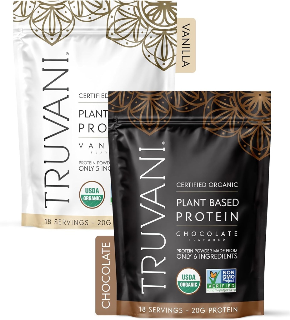 Truvani Vegan Pea Protein Powder | Vanilla & Chocolate 2-Pack Bundle | 20g Organic Plant Based Protein | 18 Servings of Each | Keto | Gluten & Dairy Free | Low Carb | No Added Sugar