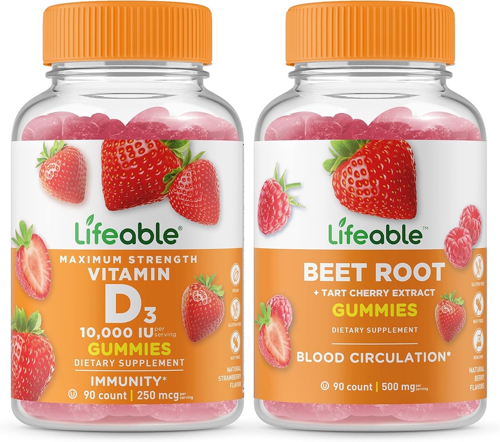 Življenjski vitamin D 10000 i.e. + koren pese, Gummies Bundle - odličen okus, vitamin dodatek, Gluten brezplačno, GSO brezplačno, žvečljivi gumi