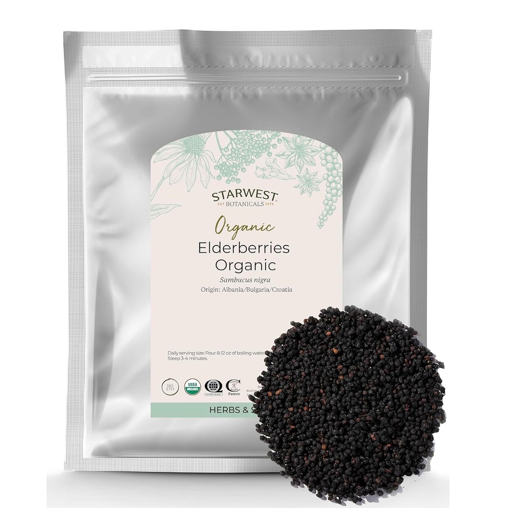 Starwest Botanicals Organic Bezgove jagode - Posušene Bezgove jagode za sirup, čaj, Gumies, & Jam, naravna Imunska podpora, Certified Kosher, Non-GMO - Bulk 1 lb Bag
