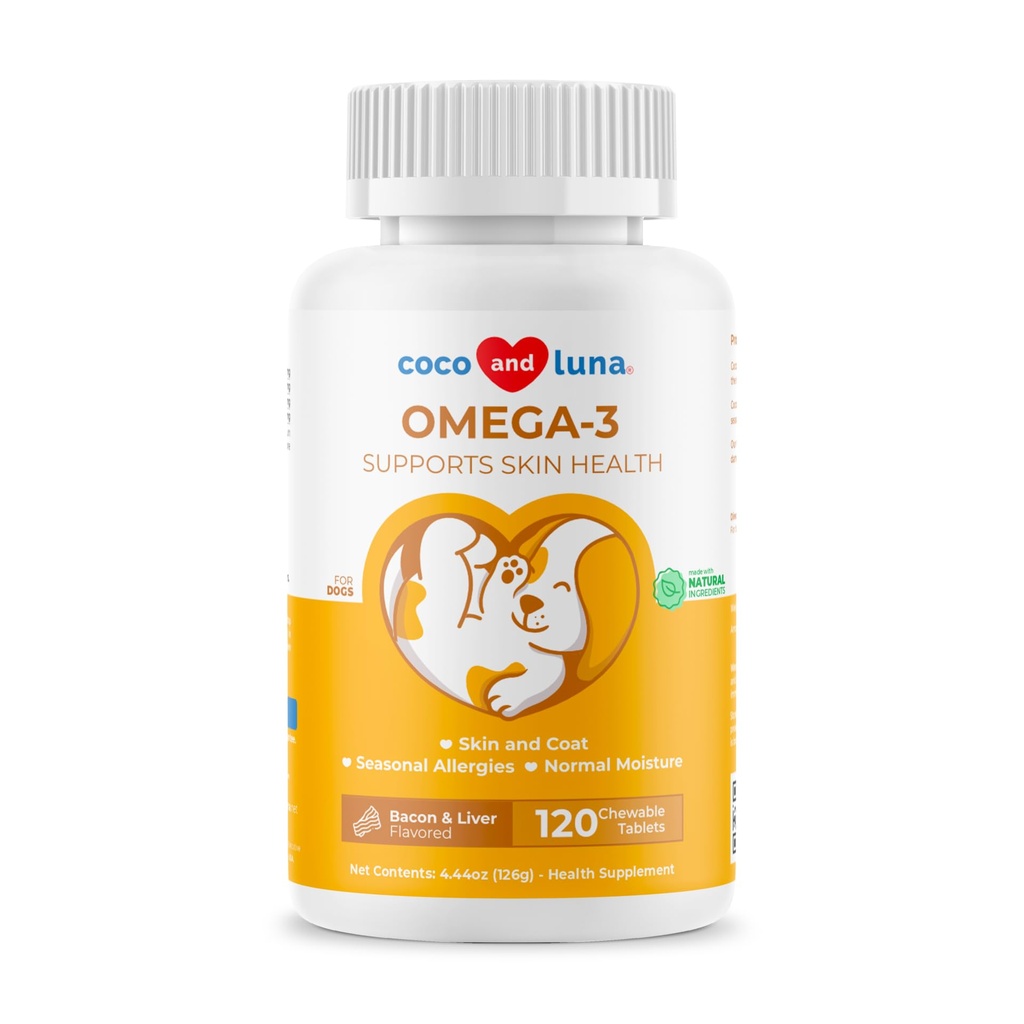 Omega 3 ribje olje za pse - 120 žvečljive tablete - z Omega 3, 6 in 9, Vitamin E za pasje skednje, srbeče, suhe kože, skupne in srčne podpore