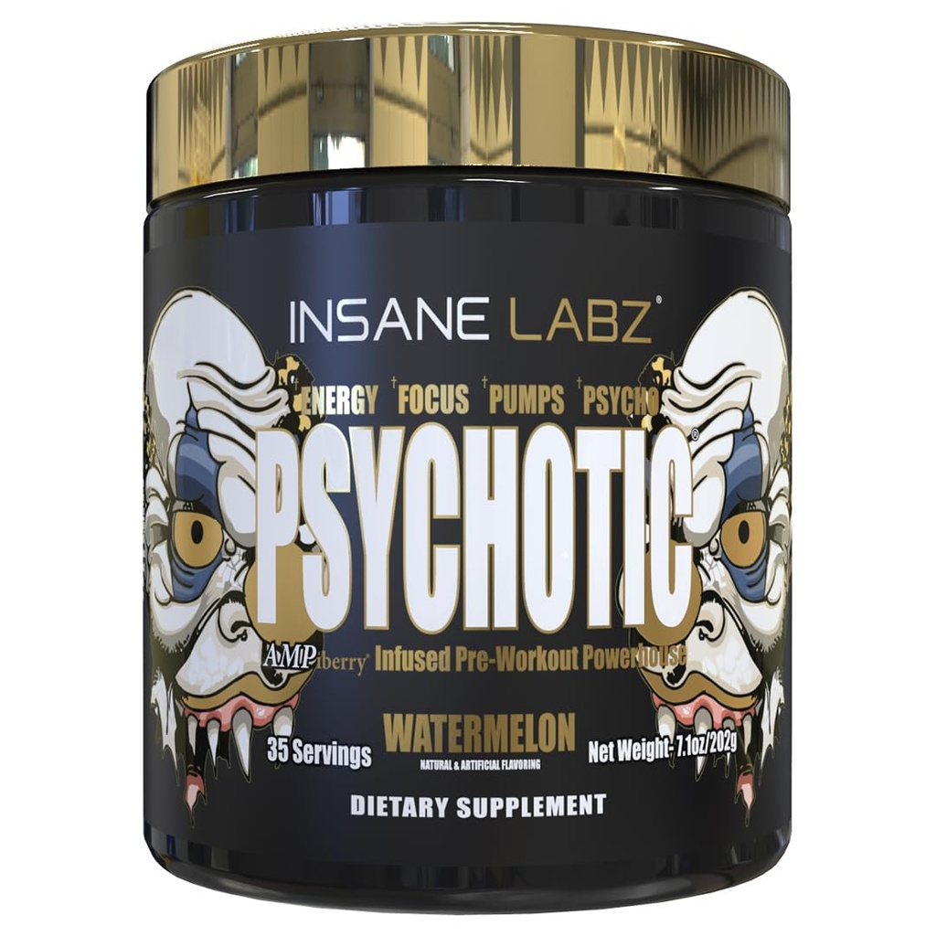 Insane Labz Psychotic Gold, High Stimulant Pre Workout Powder, Extreme Trading Energy Focus, Črpalke in vzdržljivost z Beta Alanine, DMAE Bitartrate, NO Booster (35 Serving, Watermelon)