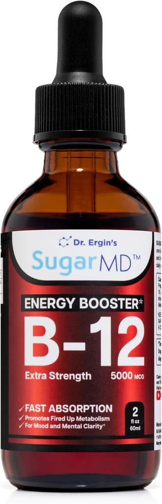 SladkorMD Vitamin B12 5000 mcg Tekoče kapljice – 2 fl oz (60ml) Energijske kapljice za ženske in moške – brez GMO in glutena Tekoči B12 Kapljice z največjo absorpcijsko formulo
