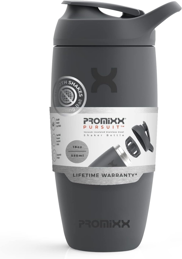 Promix Pursit Shaker steklenica izolirana Nerjaveče jeklo steklenica vode in stresalnik pokal, 18oz, Grafit Gray