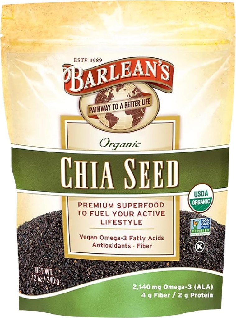 Barlean's Organic Chia semena z 2.140 mg Omega 3 Maščobne kisline, Fiber dodatek za cel Chia semena za smoothies, Non-GMO Certified, 12 oz
