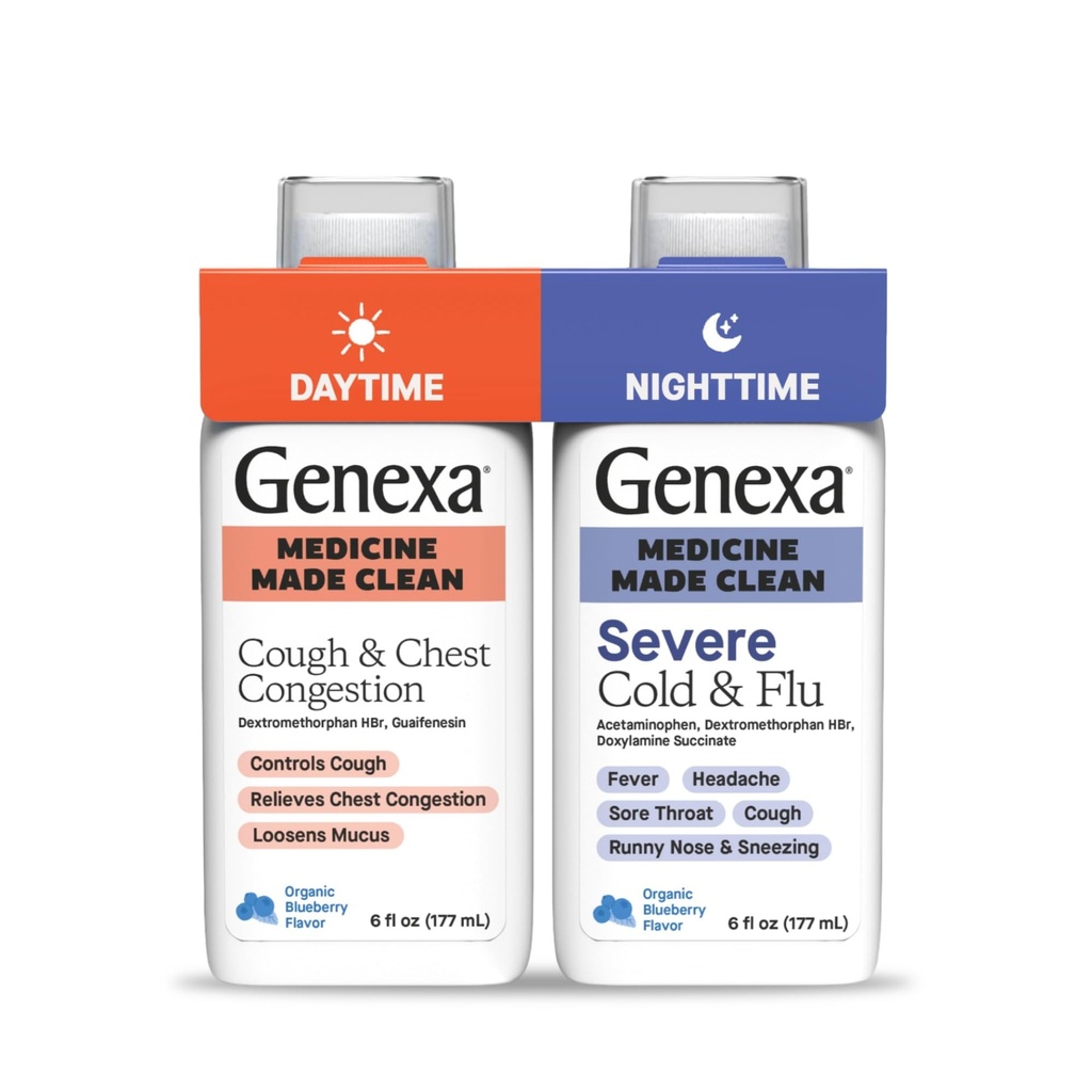 Genexa Daytime Cough & Congestion + nočno hudo hladno in gripo Combo Pack, brez barve, 0% Umetni dodatki, Tekoči multi-simptom kašelj, hladno, & gripa, Organske borovnice aroma, 12 fl oz (2 paket)