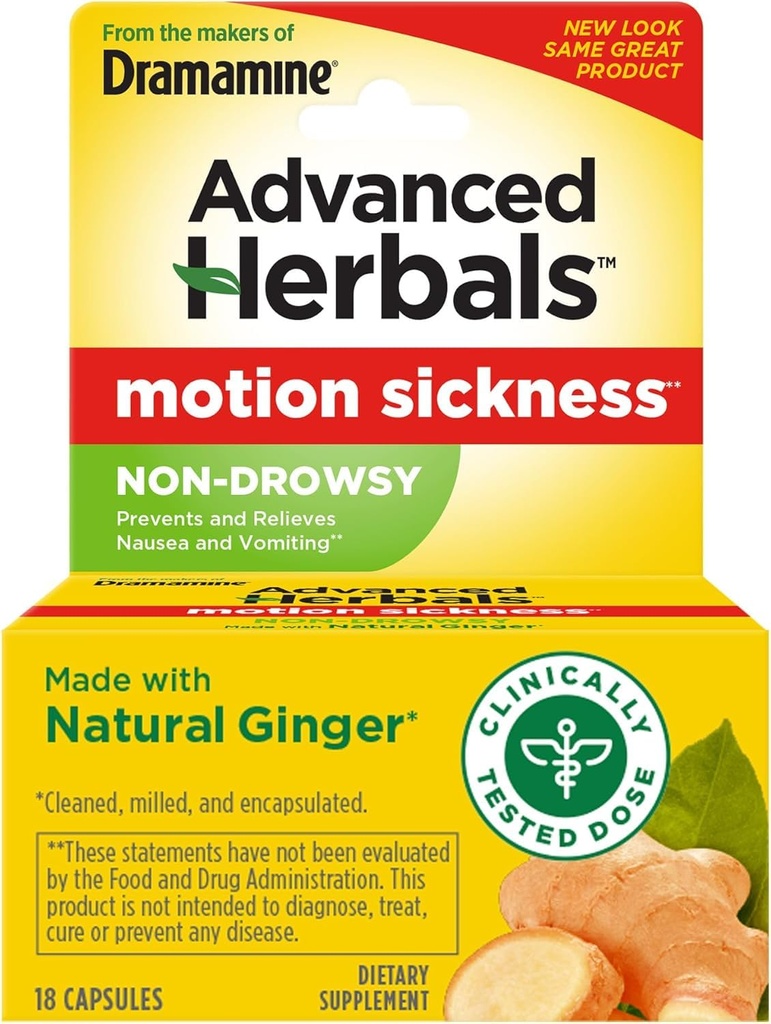 Dramamine Advanced Herbals Non-Drowsy Naturals with Natural Ginger Motion Sickness Relief Caplets, 18 Count (Pack of 3)