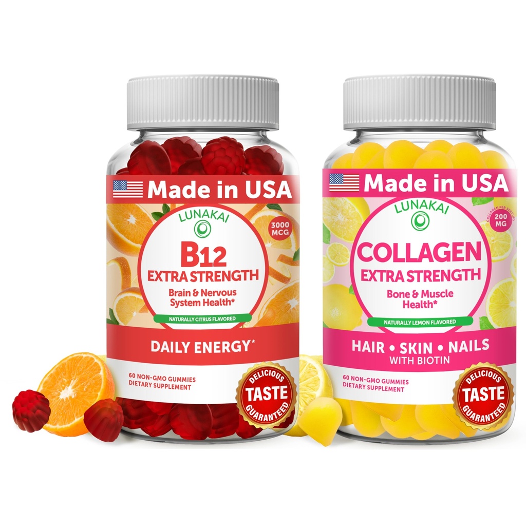 Lunakai Vitamin B12 in Colagen Gummies Bundele - 3000 mcg Metilkobalamin Visoka absorpcija Energija Gumiji - Ne-GMO proti staranju Dodatki za moške in ženske - 30 dni